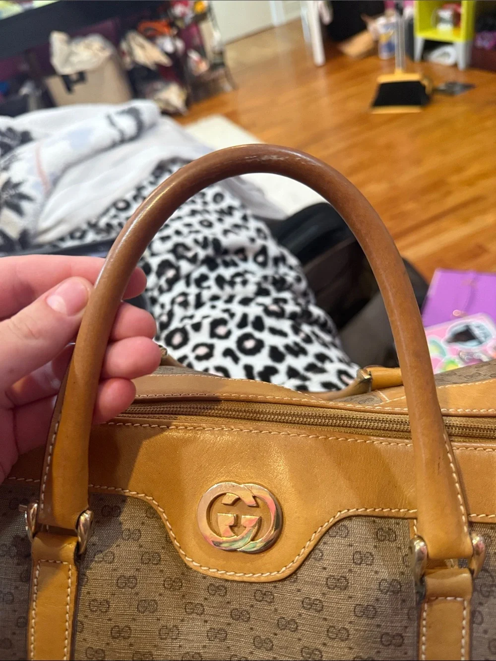 Authentic vintage Gucci Brown and Tan GG Canvas Satchel with Gold Hardware